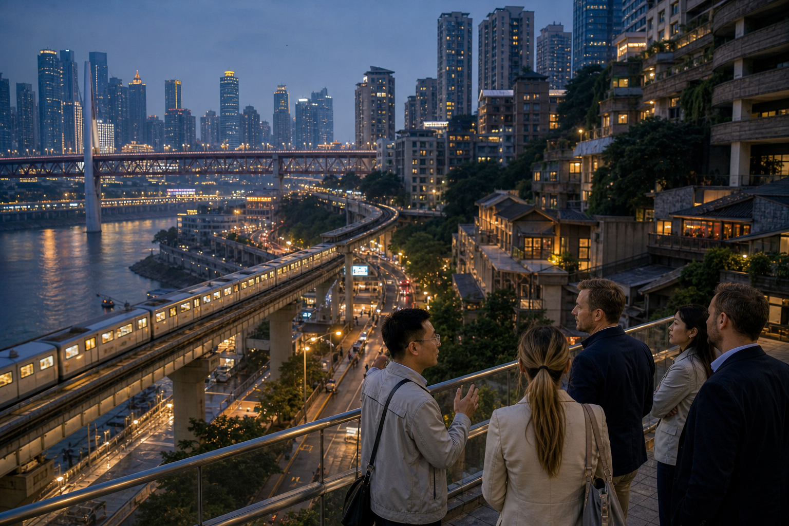 Illustrative layered cityscape inspired by Chongqing