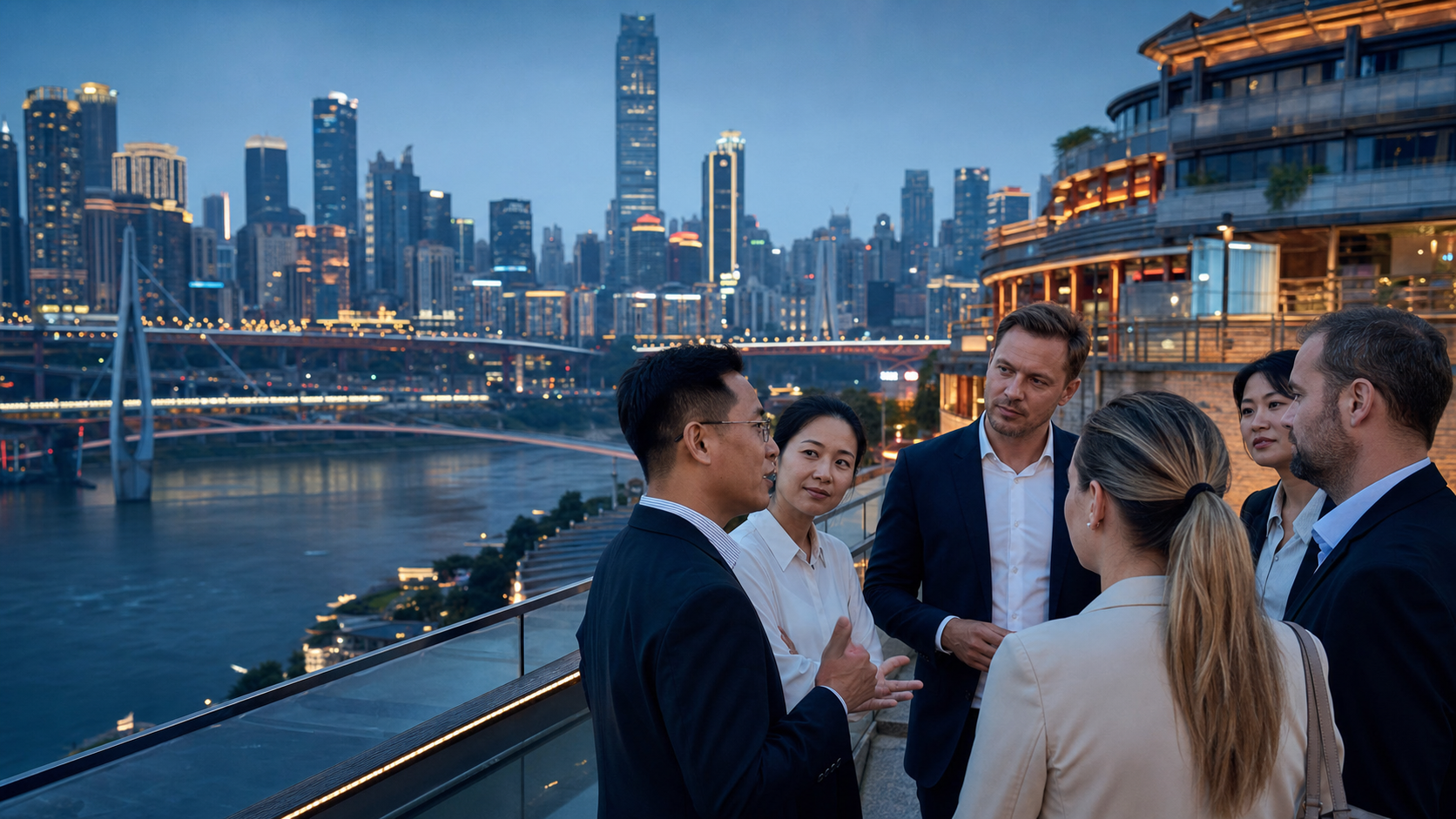 Illustrative evening view of a Poland–China executive delegation in Chongqing